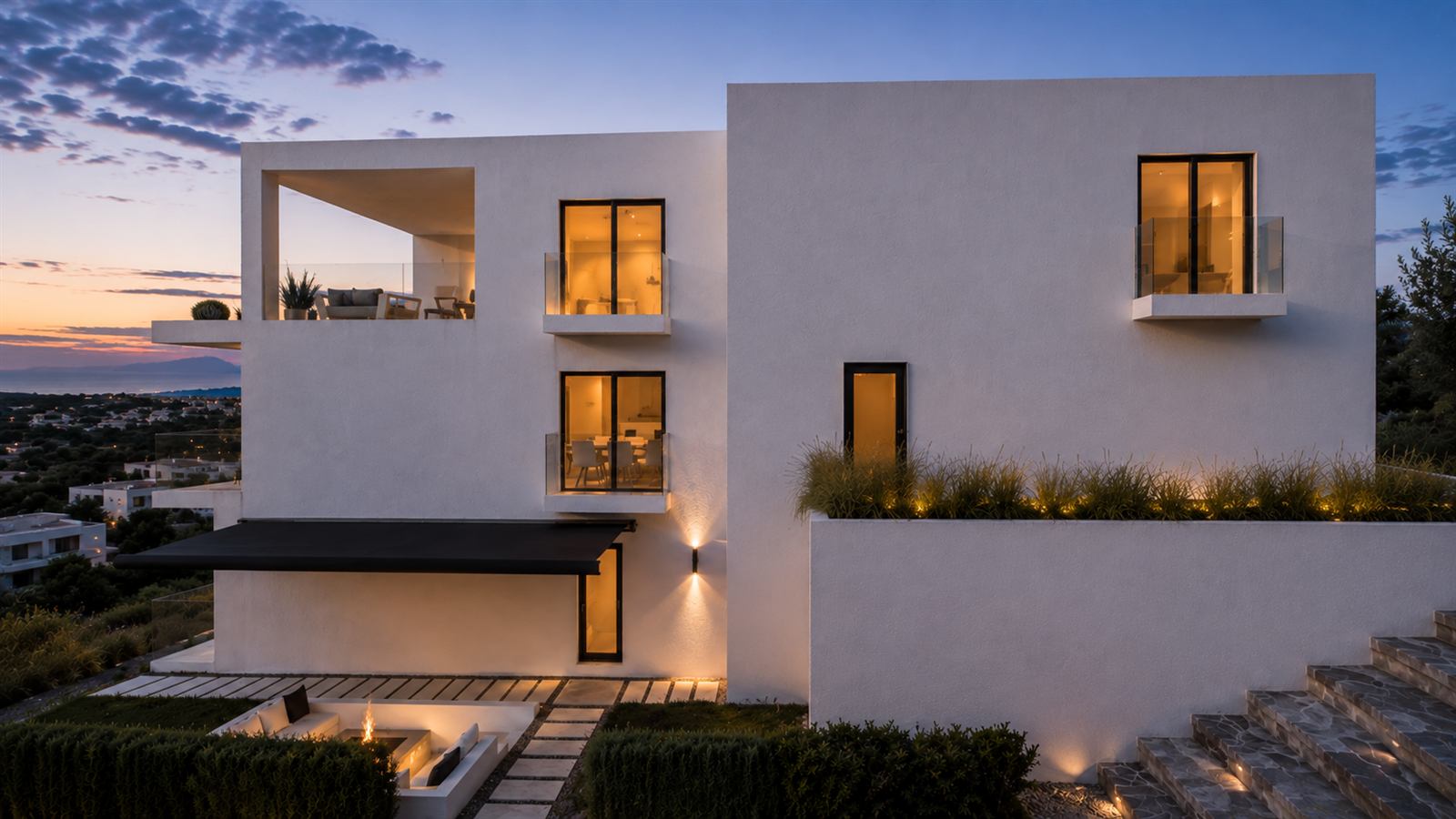 Mercanköy Sitesi E-4 tamamlanmış hâli, alacakaranlıkta görselleştirme