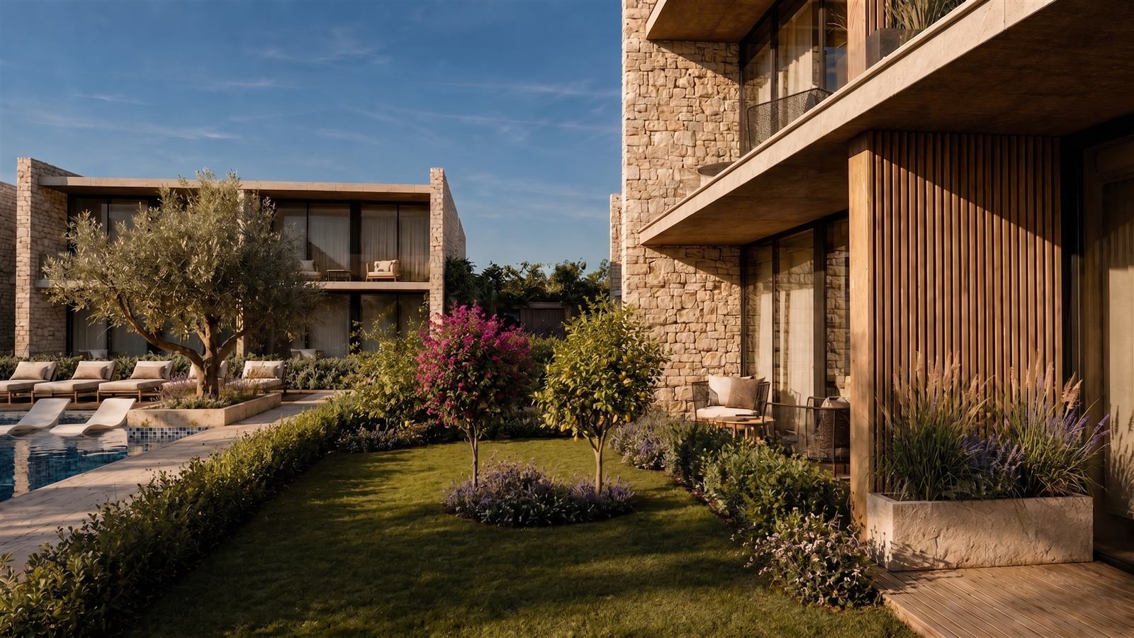 No 19 Dream Residence, olağan ağacı ve havuzuyla dış cephe görselleştirmesi